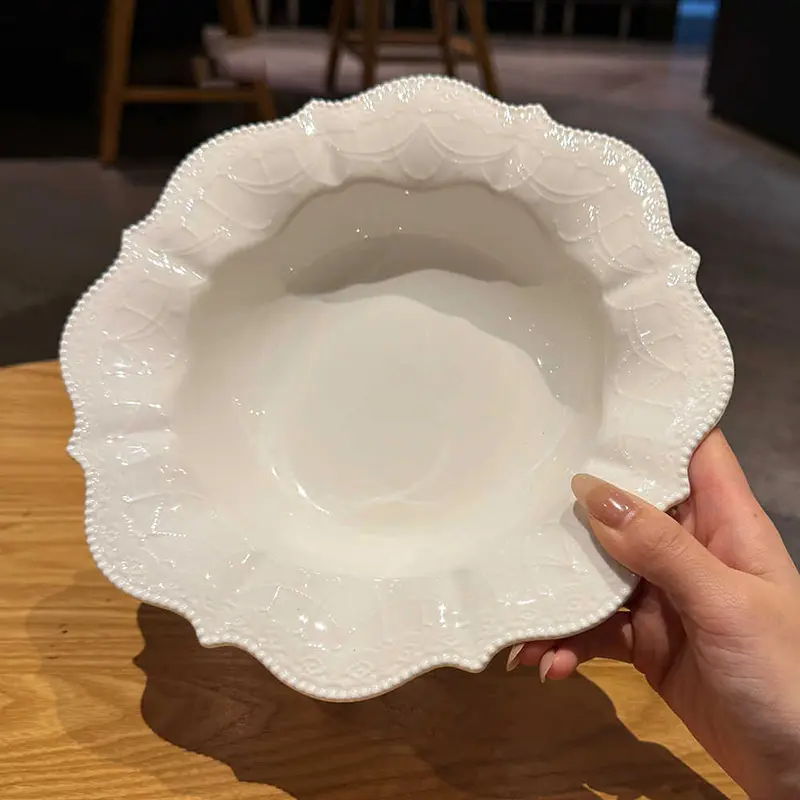 Light Luxury Relief Tableware White Ceramic Straw Hat Plate Spaghetti Western Flat Plates Household Breakfast Bowl