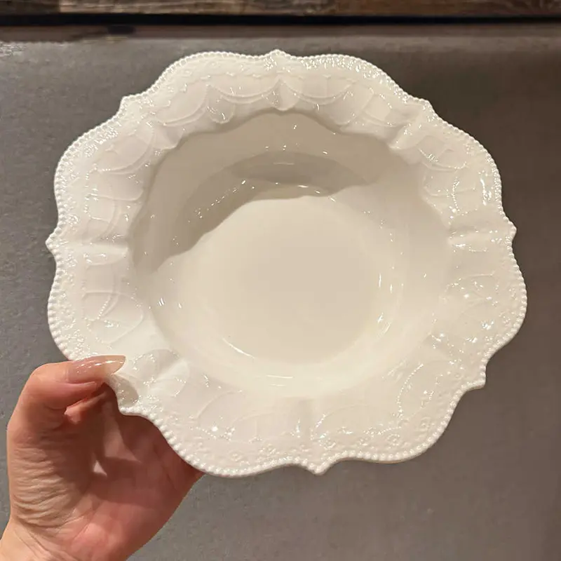 Light Luxury Relief Tableware White Ceramic Straw Hat Plate Spaghetti Western Flat Plates Household Breakfast Bowl
