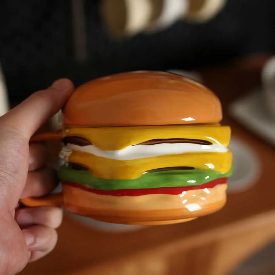 600ml Cute Hamburger Mug Ceramic Oatmeal Yoghurt Breakfast Cup With Lid Girls Birthday Gift Household Drinking Utensils
