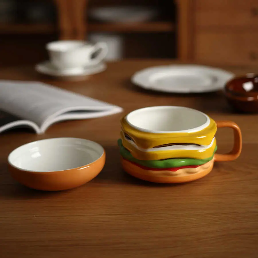 600ml Cute Hamburger Mug Ceramic Oatmeal Yoghurt Breakfast Cup With Lid Girls Birthday Gift Household Drinking Utensils