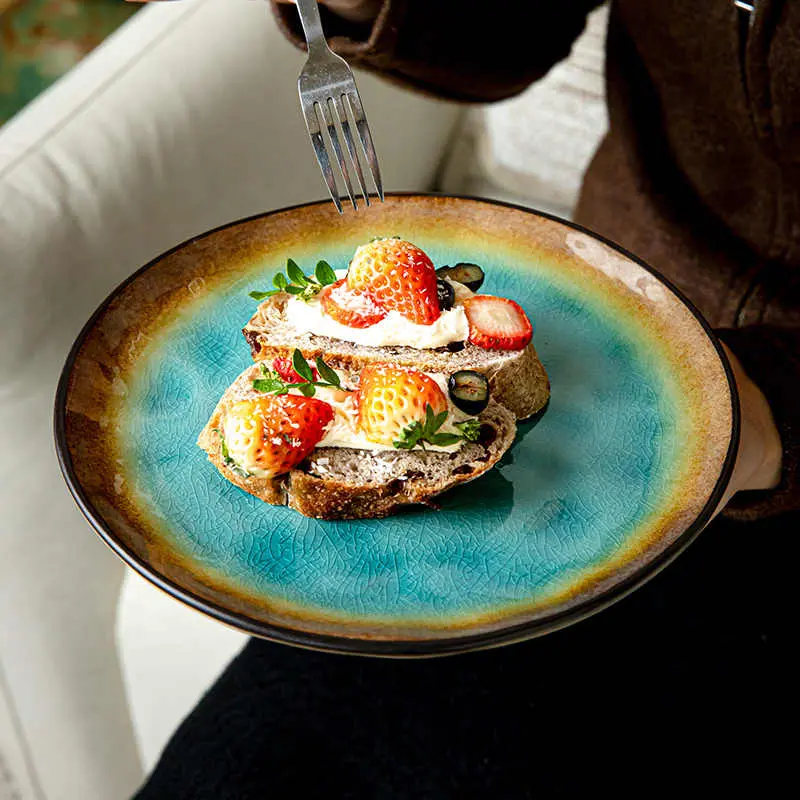 8 Inch Creative Ice Crackle Glaze Flat Plate Ceramic Western Food Spaghetti Plates Restaurant Steak Disc Afternoon Tea Dish