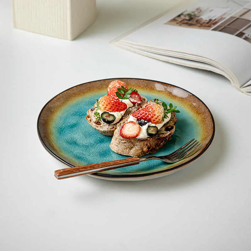 8 Inch Creative Ice Crackle Glaze Flat Plate Ceramic Western Food Spaghetti Plates Restaurant Steak Disc Afternoon Tea Dish