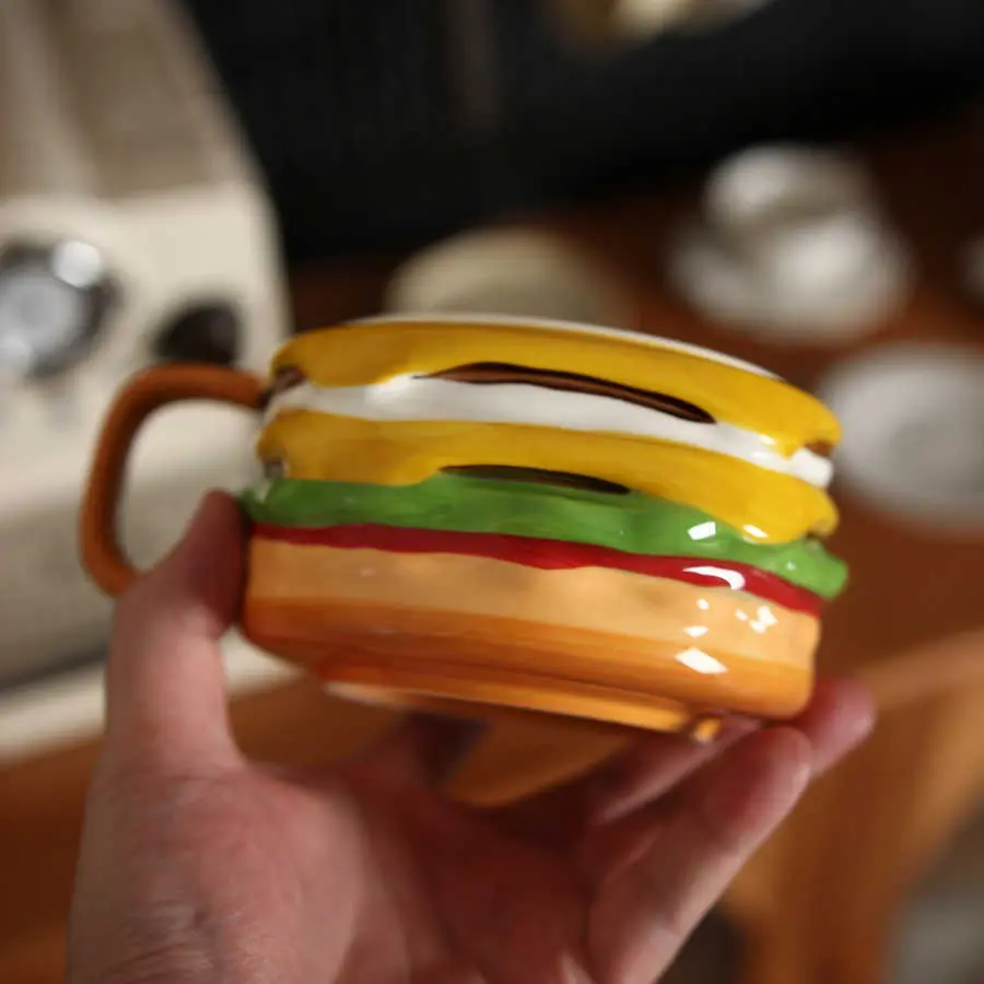 600ml Cute Hamburger Mug Ceramic Oatmeal Yoghurt Breakfast Cup With Lid Girls Birthday Gift Household Drinking Utensils