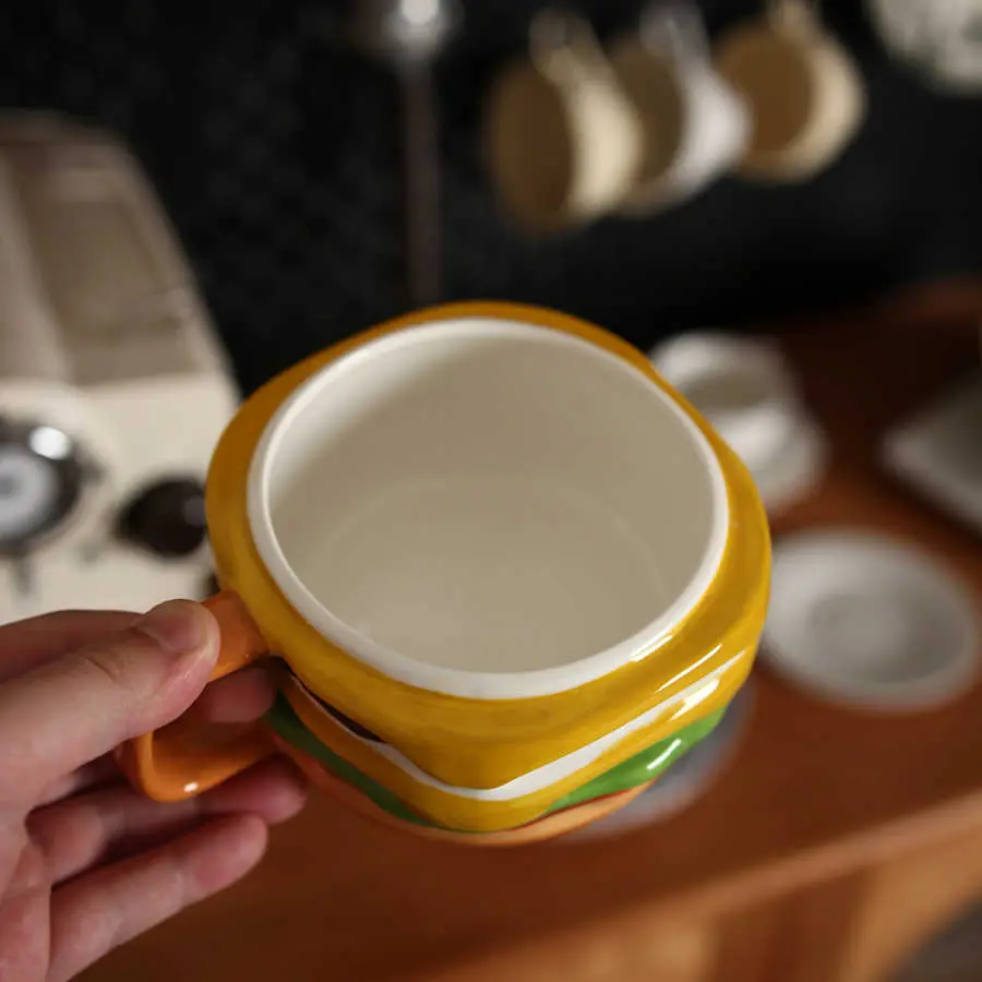 600ml Cute Hamburger Mug Ceramic Oatmeal Yoghurt Breakfast Cup With Lid Girls Birthday Gift Household Drinking Utensils