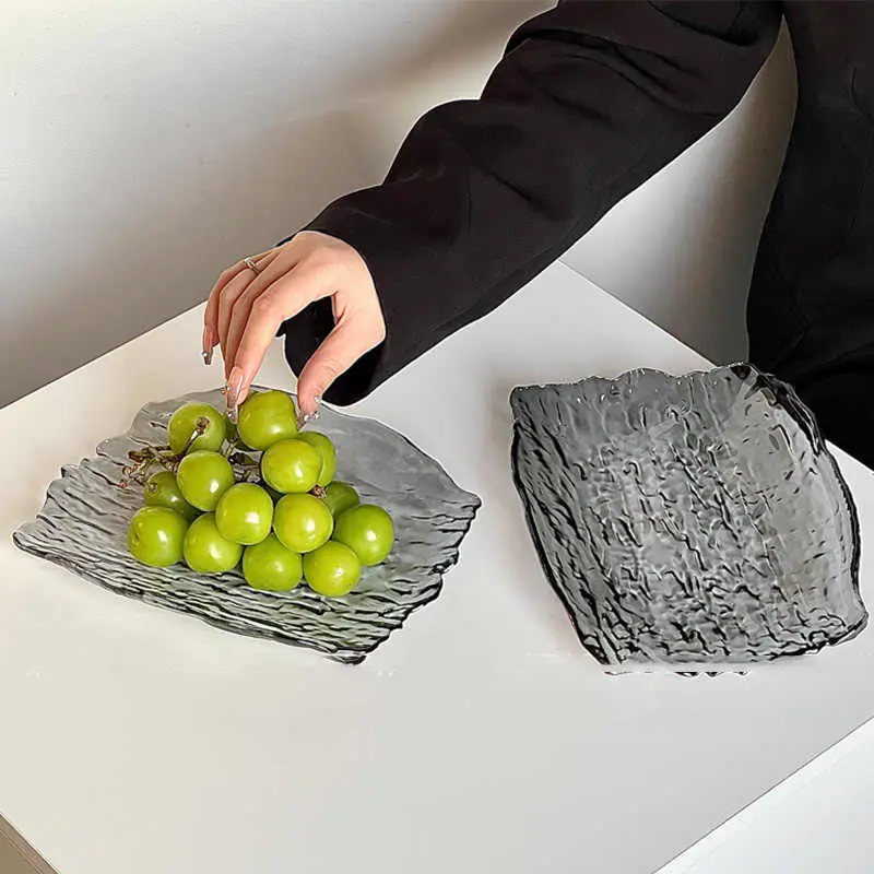 Irregular Glass Plate Household Snack Plates Fruit Dish Rectangular Dessert Tray 24cm Simple Tableware