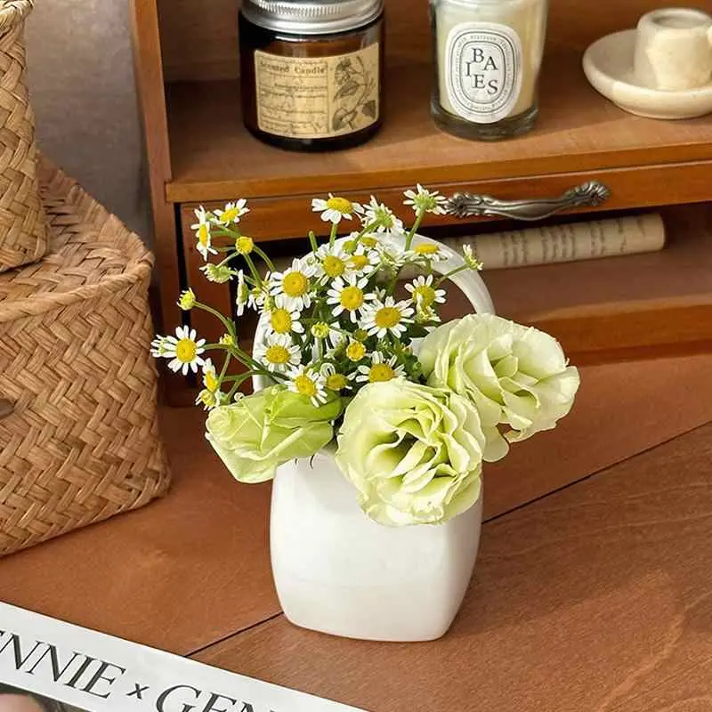 Ceramic Handle Chopsticks Tube Solid Color Storage Jar Desktop White Vase Ornaments Decorative Household Kitchen Supplies