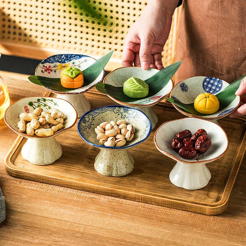 Exquisite Afternoon Tea Tableware Tall Snack Plate Dried Fruit Pastry Tray Japanese Ceramic Underglaze Colour Dessert Dish