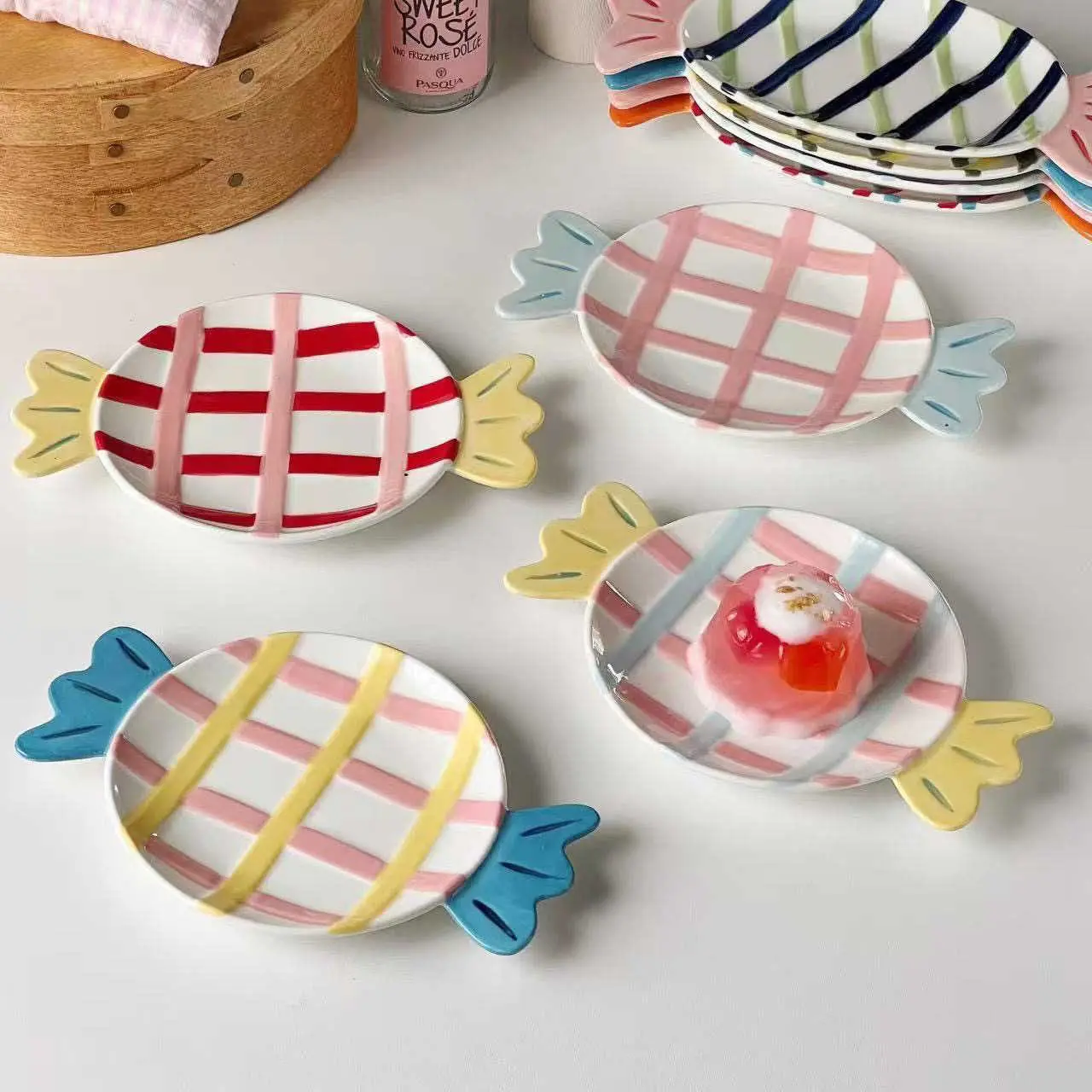 Colourful Plaid Ceramic Dessert Plate Candy Shape Fruit Plates Cute Afternoon Tea Snack Dish Household Tableware