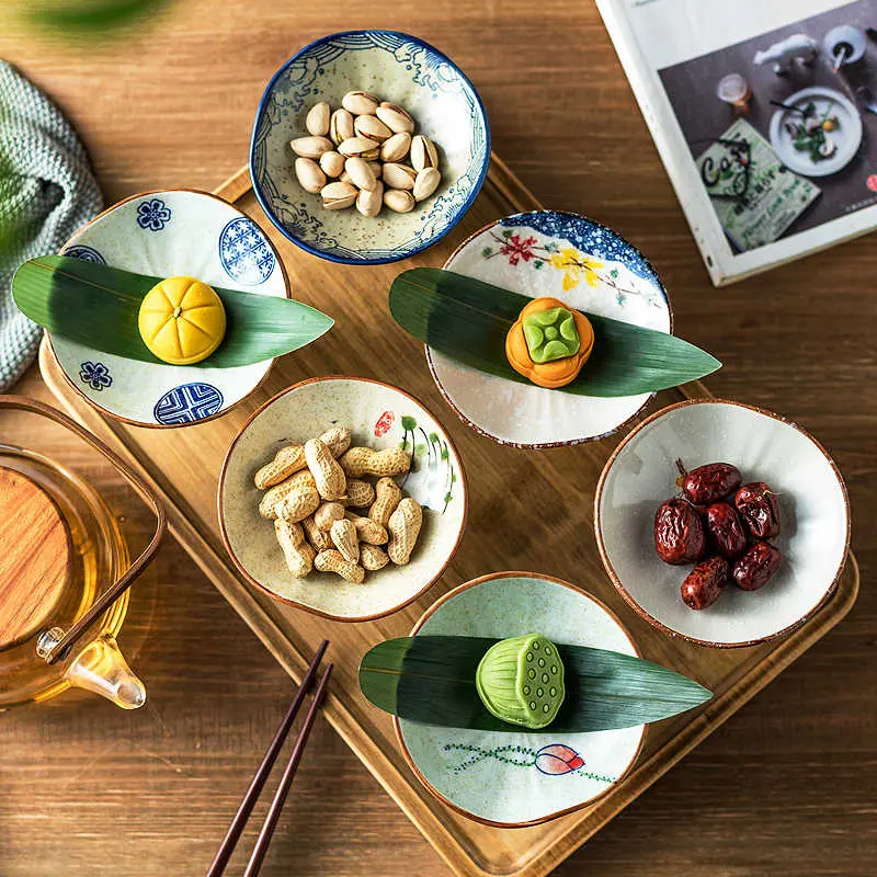 Exquisite Afternoon Tea Tableware Tall Snack Plate Dried Fruit Pastry Tray Japanese Ceramic Underglaze Colour Dessert Dish