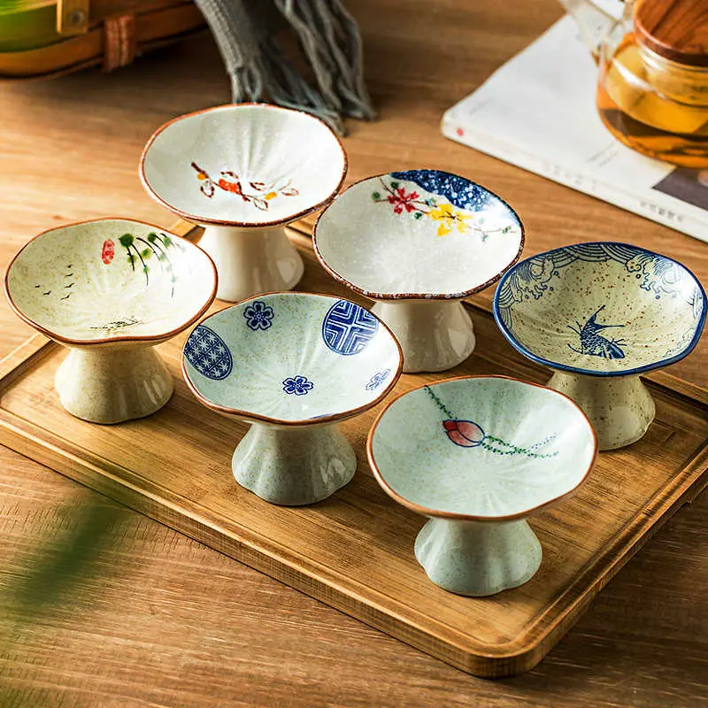 Exquisite Afternoon Tea Tableware Tall Snack Plate Dried Fruit Pastry Tray Japanese Ceramic Underglaze Colour Dessert Dish