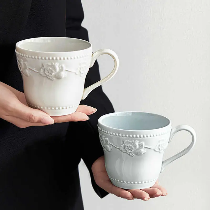 French Embossed Mug Girls Exquisite Ceramic Mugs Coffee Cup Household Breakfast Milk Cups Drinkware 380ml