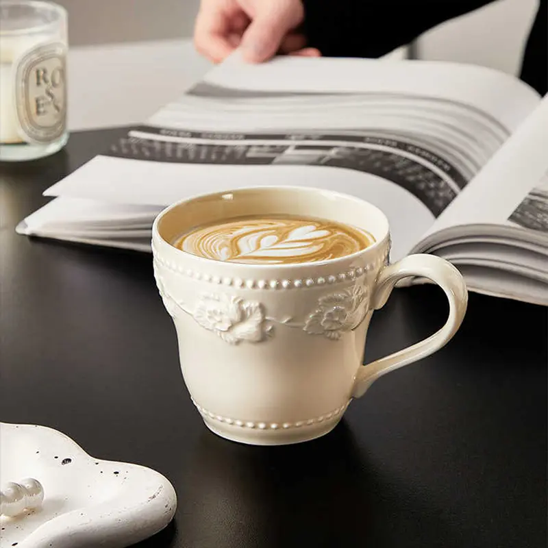 French Embossed Mug Girls Exquisite Ceramic Mugs Coffee Cup Household Breakfast Milk Cups Drinkware 380ml