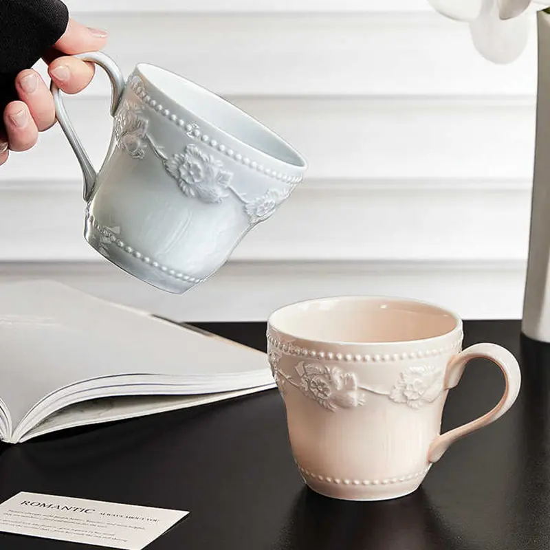 French Embossed Mug Girls Exquisite Ceramic Mugs Coffee Cup Household Breakfast Milk Cups Drinkware 380ml