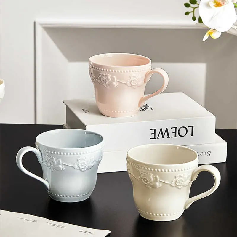 French Embossed Mug Girls Exquisite Ceramic Mugs Coffee Cup Household Breakfast Milk Cups Drinkware 380ml