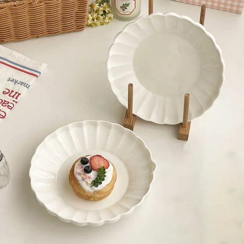 21.5cm White Ceramic Breakfast Plate Exquisite Afternoon Tea Snack Disc Household Solid Colour Lace Dessert Dish Tableware