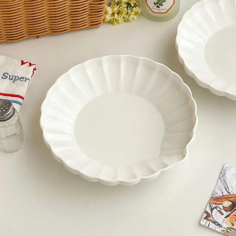 21.5cm White Ceramic Breakfast Plate Exquisite Afternoon Tea Snack Disc Household Solid Colour Lace Dessert Dish Tableware