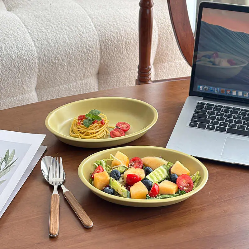 Vintage Matte Glaze Ceramic Oval Disc Solid Colour Salad Pasta Deep Plate Simple Dessert Cake Tray Tableware 24cm