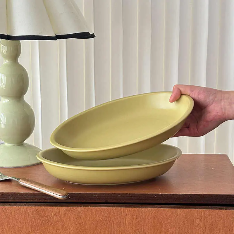 Vintage Matte Glaze Ceramic Oval Disc Solid Colour Salad Pasta Deep Plate Simple Dessert Cake Tray Tableware 24cm