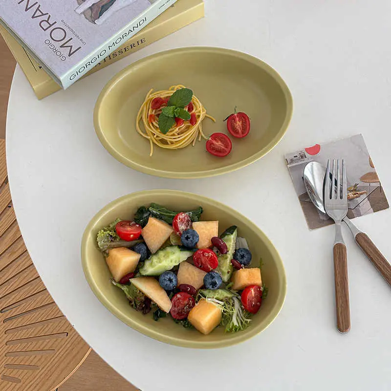 Vintage Matte Glaze Ceramic Oval Disc Solid Colour Salad Pasta Deep Plate Simple Dessert Cake Tray Tableware 24cm