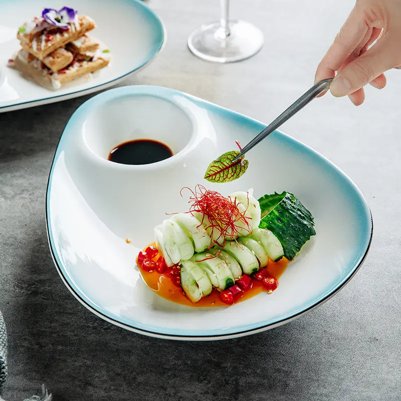 Ceramic Dumpling Sushi Plates Dim Snack Pastry Plate With Dipping Dish Simple Gradient Designed Divided Plate Tableware