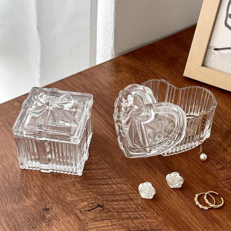 Creative Bow Glass Jewellery Box With Lid Exquisite Household Necklace Ring Earrings Storage Box Ornaments