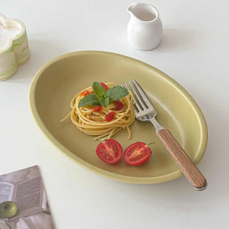 Vintage Matte Glaze Ceramic Oval Disc Solid Colour Salad Pasta Deep Plate Simple Dessert Cake Tray Tableware 24cm