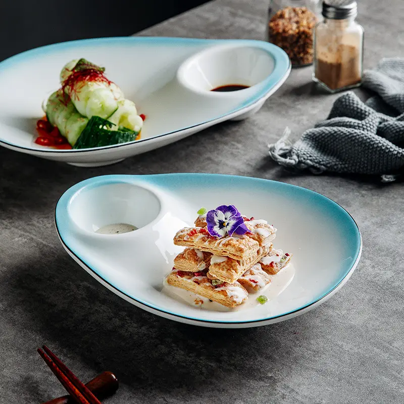 Ceramic Dumpling Sushi Plates Dim Snack Pastry Plate With Dipping Dish Simple Gradient Designed Divided Plate Tableware