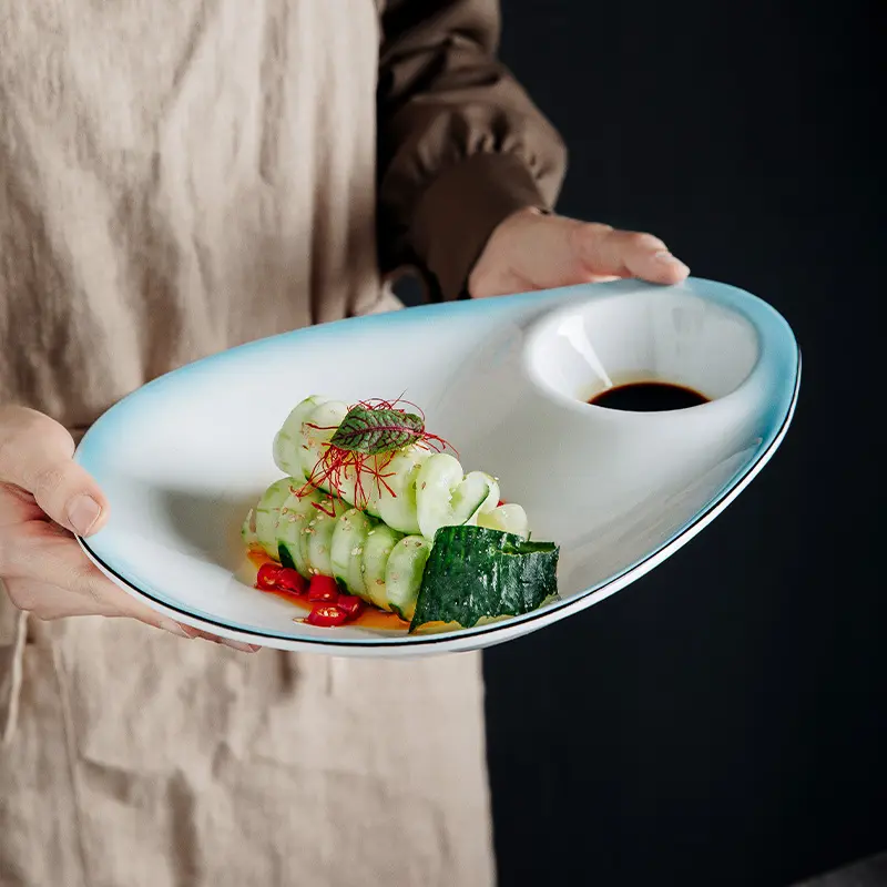 Ceramic Dumpling Sushi Plates Dim Snack Pastry Plate With Dipping Dish Simple Gradient Designed Divided Plate Tableware