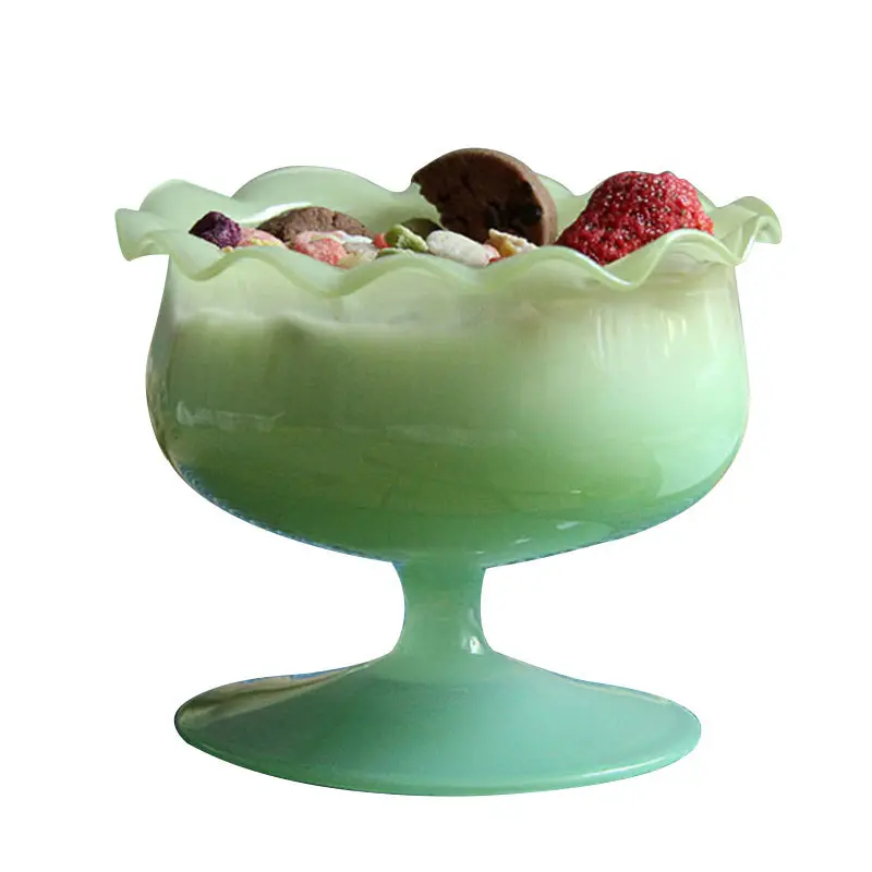 High-grade Ice Cream Dessert Cups Green Petal Shape Border Short Footed Glass Cups Breakfast Yogurt Cup Glassware Gift For Girls