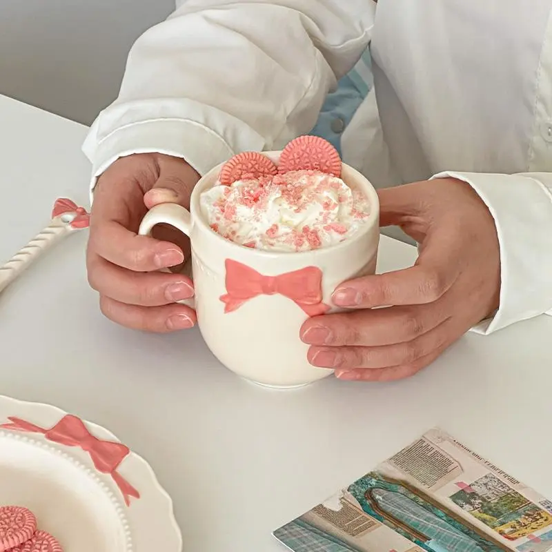 Handmade Bow Bead Relief Mug Cute Ceramic Cups For Home Use Breakfast Milk Coffee Cups With Spoon Drinkware Gift
