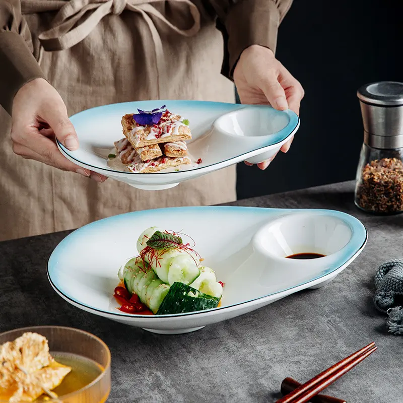 Ceramic Dumpling Sushi Plates Dim Snack Pastry Plate With Dipping Dish Simple Gradient Designed Divided Plate Tableware