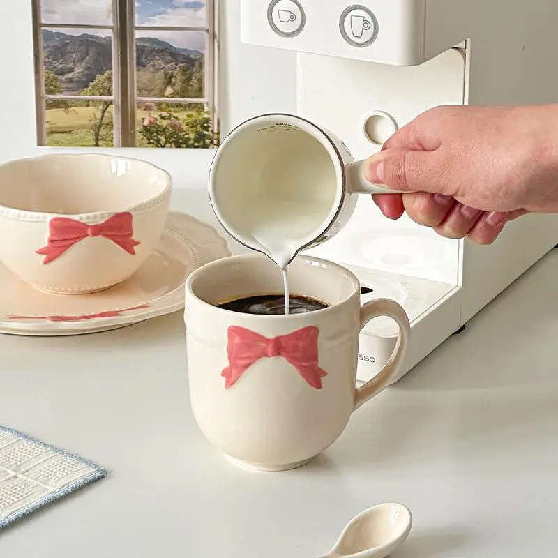 Handmade Bow Bead Relief Mug Cute Ceramic Cups For Home Use Breakfast Milk Coffee Cups With Spoon Drinkware Gift