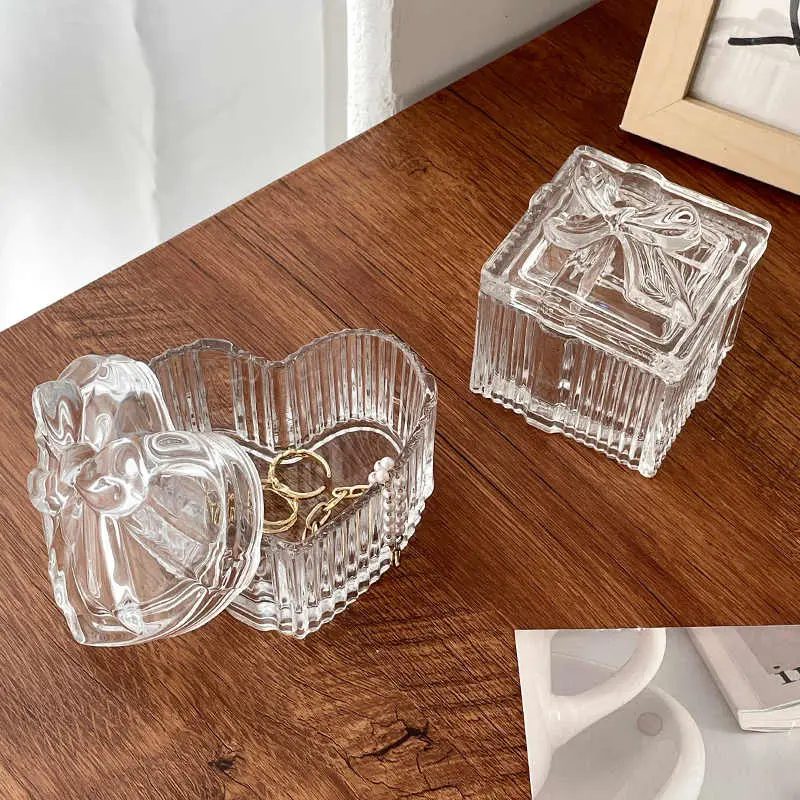 Creative Bow Glass Jewellery Box With Lid Exquisite Household Necklace Ring Earrings Storage Box Ornaments