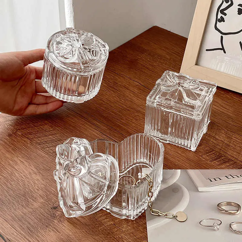 Creative Bow Glass Jewellery Box With Lid Exquisite Household Necklace Ring Earrings Storage Box Ornaments