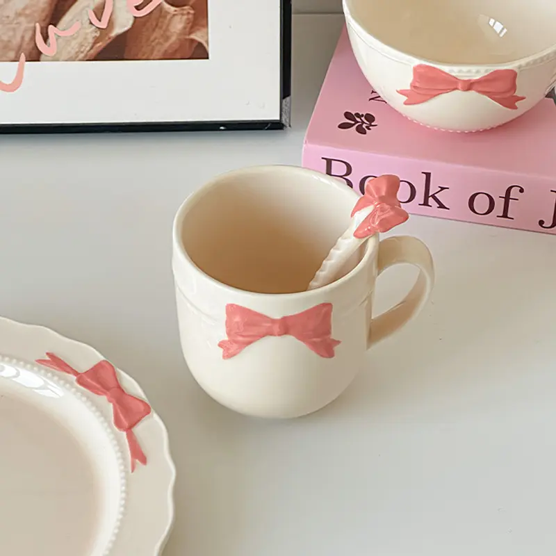 Handmade Bow Bead Relief Mug Cute Ceramic Cups For Home Use Breakfast Milk Coffee Cups With Spoon Drinkware Gift