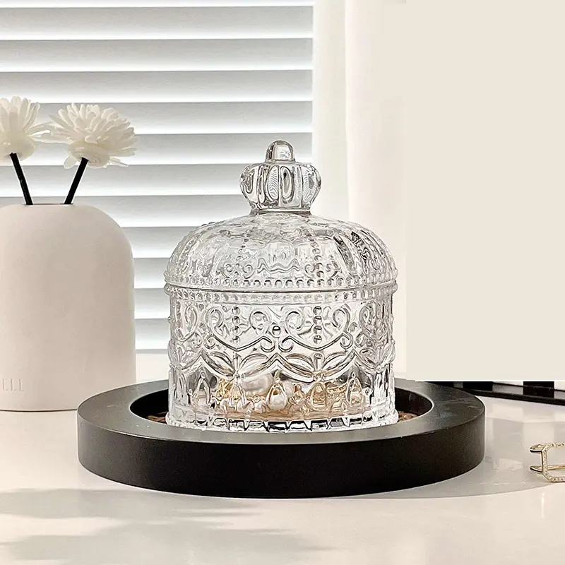 Transparent Glass Jewellery Box Vintage Embossed Storage Jar Home Accessories Candy Storage Bottle With Lid