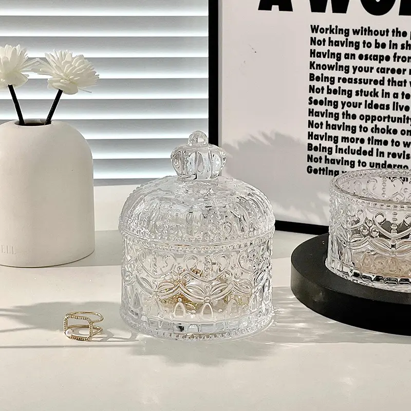 Transparent Glass Jewellery Box Vintage Embossed Storage Jar Home Accessories Candy Storage Bottle With Lid