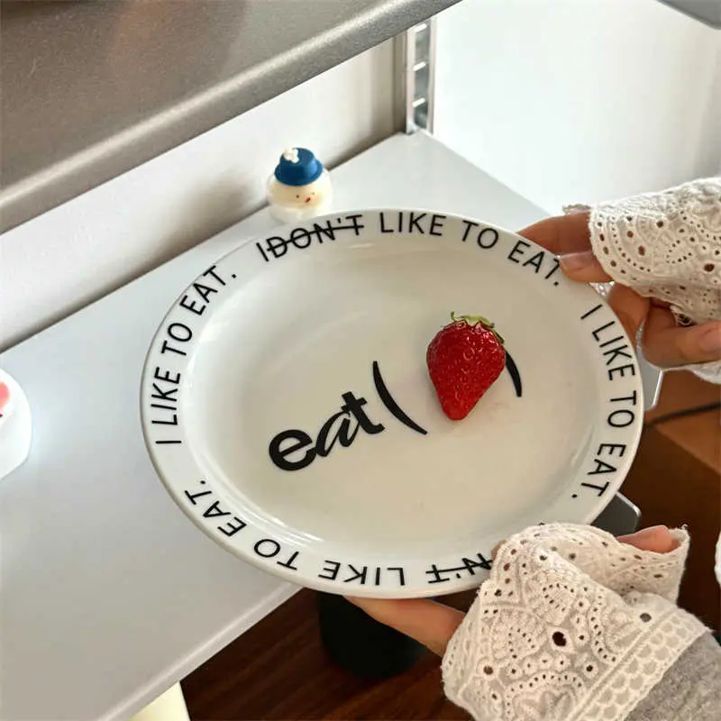 Creative English Letters Printed Ceramic Dessert Plate Korean Cake Disc 20cm Round Household Breakfast Dish