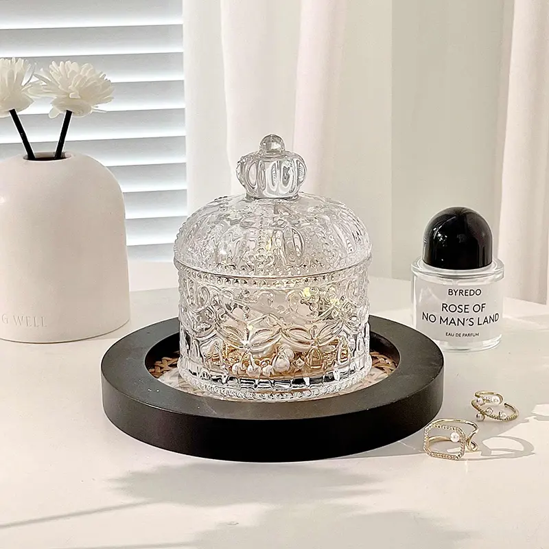 Transparent Glass Jewellery Box Vintage Embossed Storage Jar Home Accessories Candy Storage Bottle With Lid