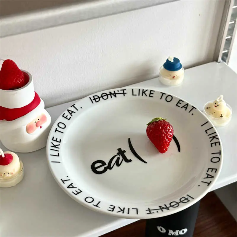 Creative English Letters Printed Ceramic Dessert Plate Korean Cake Disc 20cm Round Household Breakfast Dish