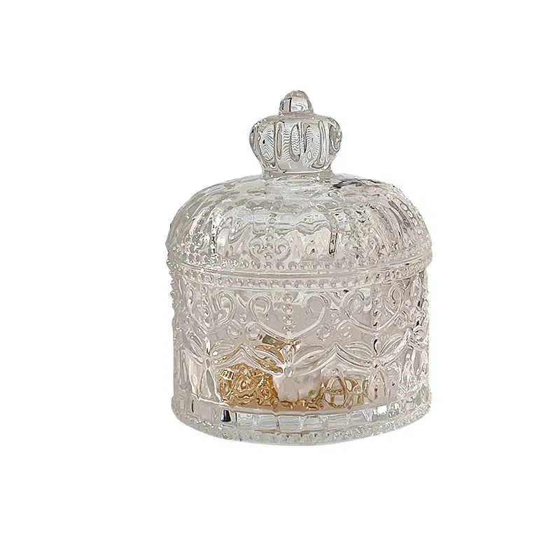 Transparent Glass Jewellery Box Vintage Embossed Storage Jar Home Accessories Candy Storage Bottle With Lid