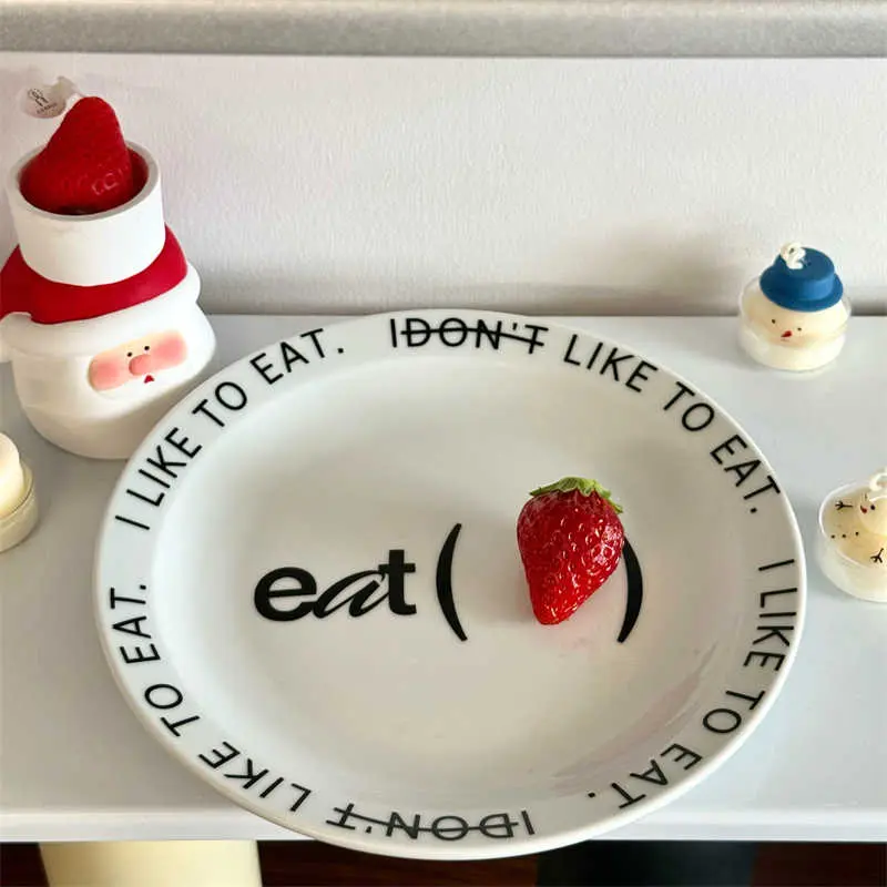 Creative English Letters Printed Ceramic Dessert Plate Korean Cake Disc 20cm Round Household Breakfast Dish