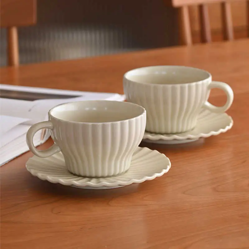 Vintage Ripple Coffee Cups Saucers 250 Ml Cafe Afternoon Tea Drinking Utensils Household Breakfast Cups Snack Plates