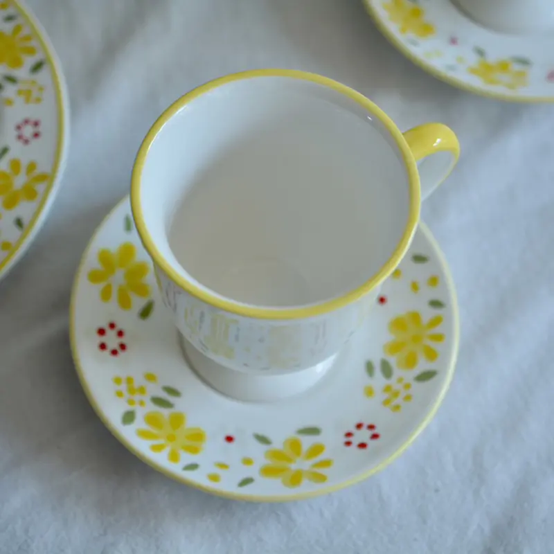 Yellow Floral Print Ceramic Coffee Cup And Saucer Set Exquisite Afternoon Tea Drinkware Household Breakfast Cups Snack Plate