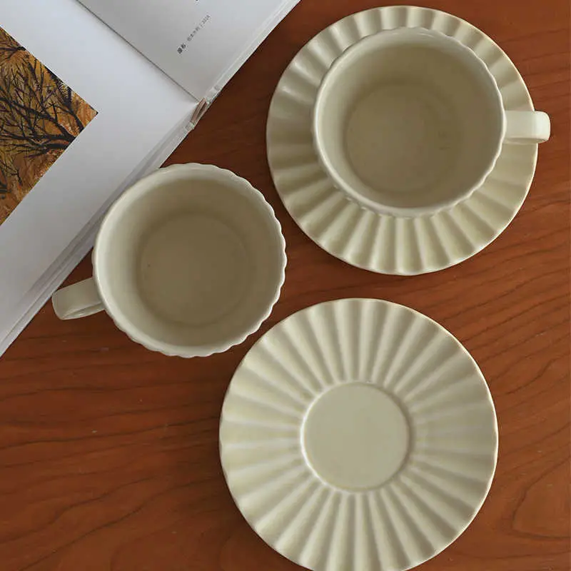 Vintage Ripple Coffee Cups Saucers 250 Ml Cafe Afternoon Tea Drinking Utensils Household Breakfast Cups Snack Plates