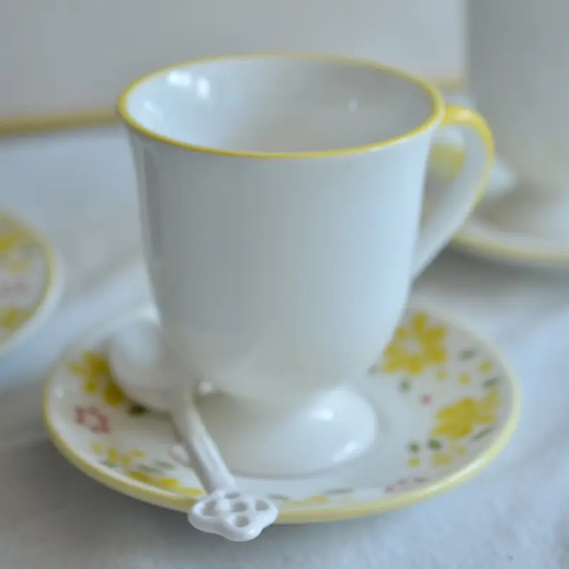 Yellow Floral Print Ceramic Coffee Cup And Saucer Set Exquisite Afternoon Tea Drinkware Household Breakfast Cups Snack Plate