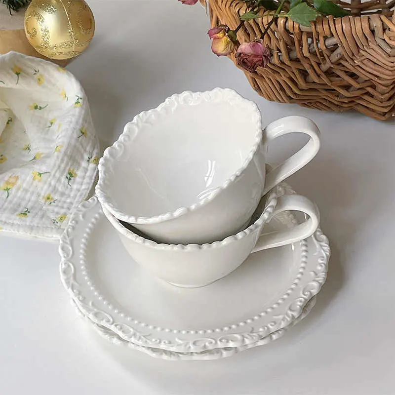 French Embossed Ceramic Coffee Cup And Saucer Retro Afternoon Tea Drinking Set Household Solid Color Latte Cup Dessert Saucer