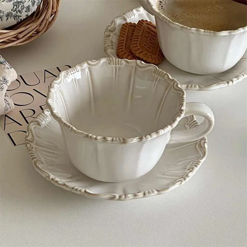 Vintage Kiln Change Coffee Cups Saucers 300ml Relief Afternoon Tea Drinkware Household Breakfast Cups Snack Plates