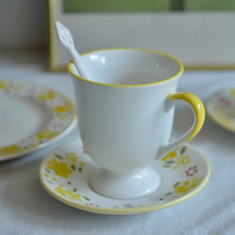 Yellow Floral Print Ceramic Coffee Cup And Saucer Set Exquisite Afternoon Tea Drinkware Household Breakfast Cups Snack Plate