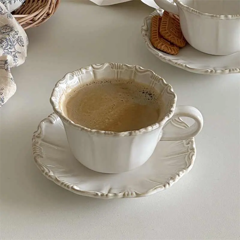Vintage Kiln Change Coffee Cups Saucers 300ml Relief Afternoon Tea Drinkware Household Breakfast Cups Snack Plates